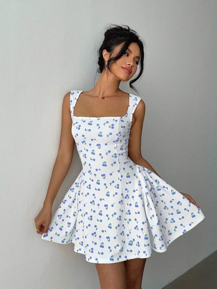 Aloruh Vestido mini elegante de mujer con cuello cuadrado sin mangas y estampado de cerezas, para verano - Celeste - Ver 1