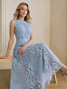 Anewsta Đầm nữ thanh lịch dài ngang gối, phối ren và xếp ly, thích hợp cho mùa xuân/hè. - Màu xanh nhạt - Xem 5