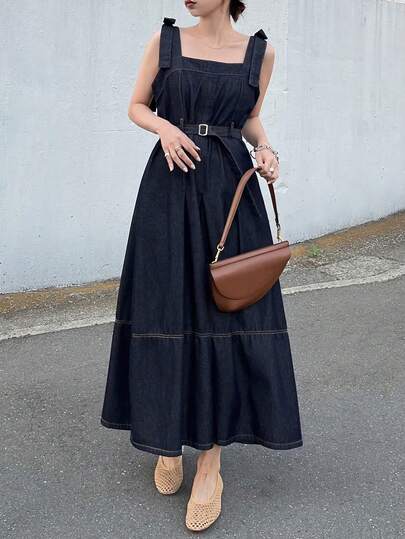 FRIFUL Women's Solid Color Ruffle Collar Sleeveless Casual Denim Dress