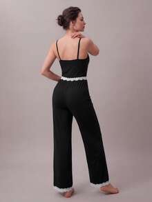 Y2K 风格女式蕾丝花边吊带背心和短裤睡衣套装 - 黑色 - 查看 2