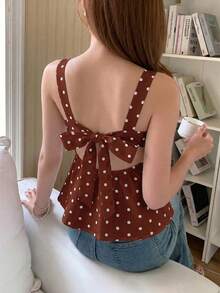 SHEIN Tween Girls' Casual Polka Dot Pattern Bow Decor Ruffle Hem Blouse - Brown - View 5