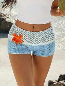 ROMWE Avant Crochet Knit Extremely Low Waist Micro Mini Flower & Starfish Decor Shorts - Blue - View 5
