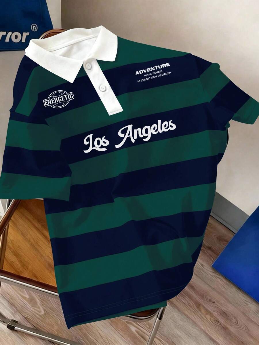 Manfinity Joysei Men Striped & Slogan Graphic Polo Shirt - Dark Green - View 1