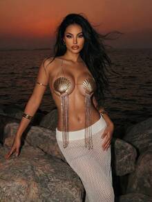 SHEIN Swim SXY 性感露背贝壳水钻流苏装饰金色上衣，女士款 - 金色 - 查看 3