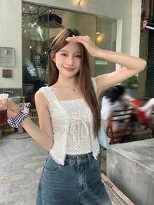DAZY 女式韩版波点优雅无袖蝴蝶结上衣夏季 - 灰色 - 查看 3