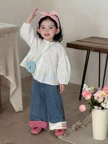 DAZY Blusa casual de cuello redondo de unicolor con volantes en el bajo para niñas bebé, primavera/otoño - Blanco - Ver 3