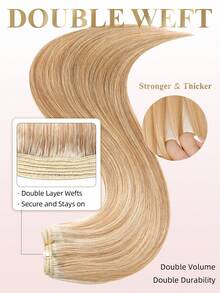 100%真人发接发片 P6/613# 浅棕色挑染金色直发款式，长度14-22英寸，100克双层缝制，隐形无缝，顶级品质，发尾浓密，健康真人发接发片，适合细软发质，沙龙级美发，以及所有女性/女孩日常使用。 - S6/613 - 查看 3