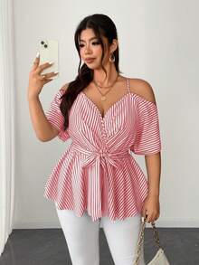Elenzga Plus Size Spaghetti Strap Tie-Front Striped Cute Blouse - Red - View 6