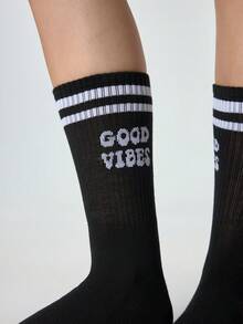 Loungeista 1pair Women's Letter & Double Stripes Mid-Calf Socks, Suitable For Casual And Versatile Use, Fall Socks - Black and White - View 7