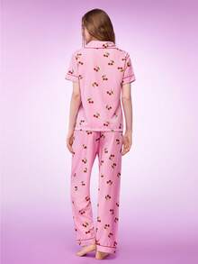 Notgurli Cherry Striped Printed Lapel Short Sleeve Pajama Set For Women Pink Pajamas  Cozy And Elegant Details - Pink - View 2