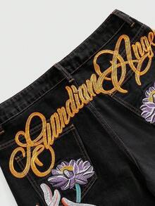 ROMWE MEN Pantalones cortos de mezclilla casuales con bordado de letras y gráficos para hombres, de verano - Negro - Ver 4