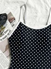 SHEIN 少女/青少年女孩黑白波点连体泳衣，简约连体泳装，适合海滩度假和夏季穿着 - 黑與白 - 查看 6