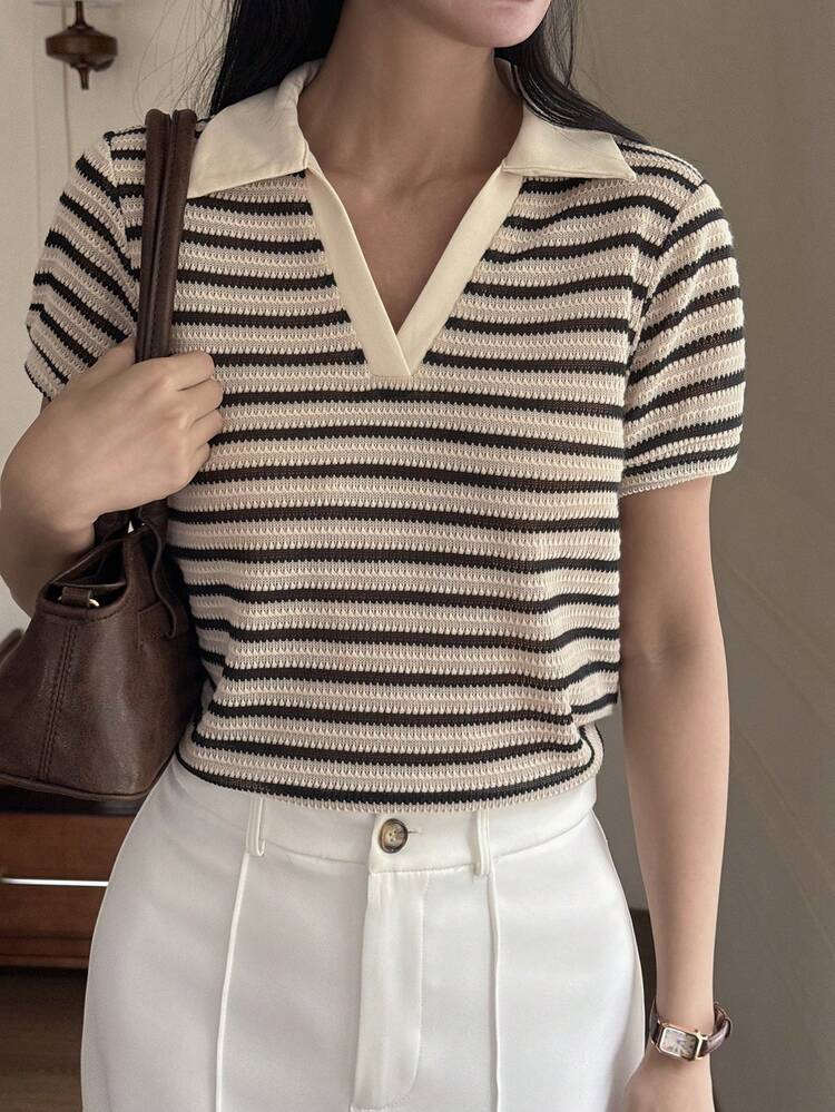 Women's Summer Turndown Collar Textured Striped Casual Pullover T-Shirt