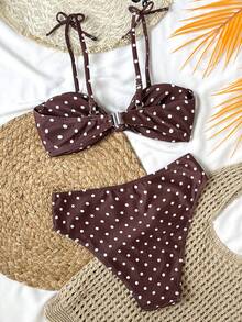 SHEIN 少女黑白波点印花扭结系带比基尼套装，2件套，休闲沙滩度假泳装 - 黑與白 - 查看 5