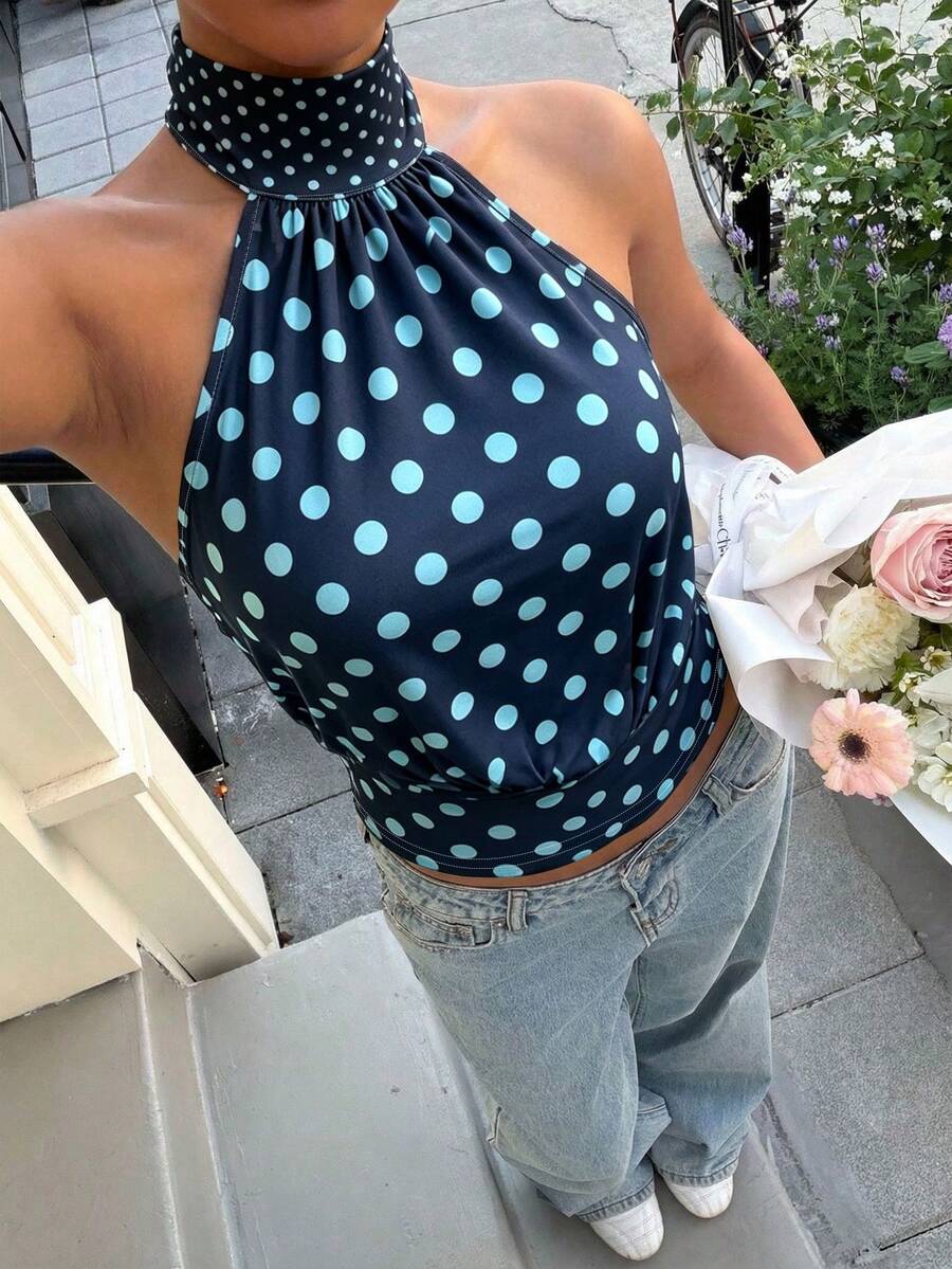 Muchica 女士蓝白波点撞色高领拉链针织吊带背心,无袖,简约休闲,适合日常穿着和通勤,夏季必备 - 彩色 - 查看 1