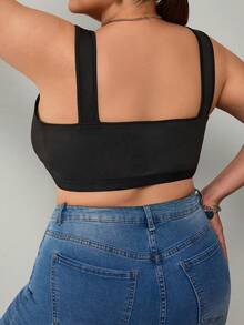 SHEIN CURVE+ 大码女式夏季休闲日常通勤简约纯色褶皱胸前三扣短款宽松背心 - 黑色 - 查看 2