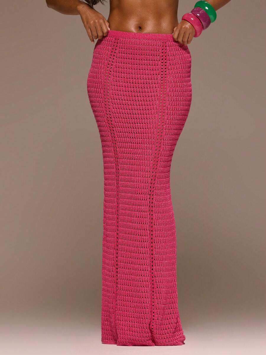 MUSERA Falda maxi con detalle de panel de punto con lentejuelas, cintura baja, ideal para primavera, verano, vacaciones, salidas nocturnas y ocasiones lindas, color dorado arena - Rosa Fucsia - Ver 1