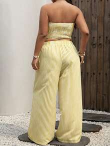 Sunnyshic Plus Size Striped Print Bandeau Top And Wide Leg Pants Casual 2 Pieces Set - Yellow - View 2