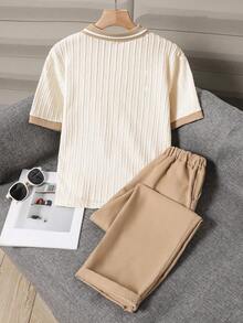 SHEIN 2pcs Tween Boy Gentleman Set,Short Sleeve Polo Shirt+Trousers,Apricot Summer Italy Vacation Elegant Modest White Casual Wedding Party Business Pageboy - Apricot - View 2