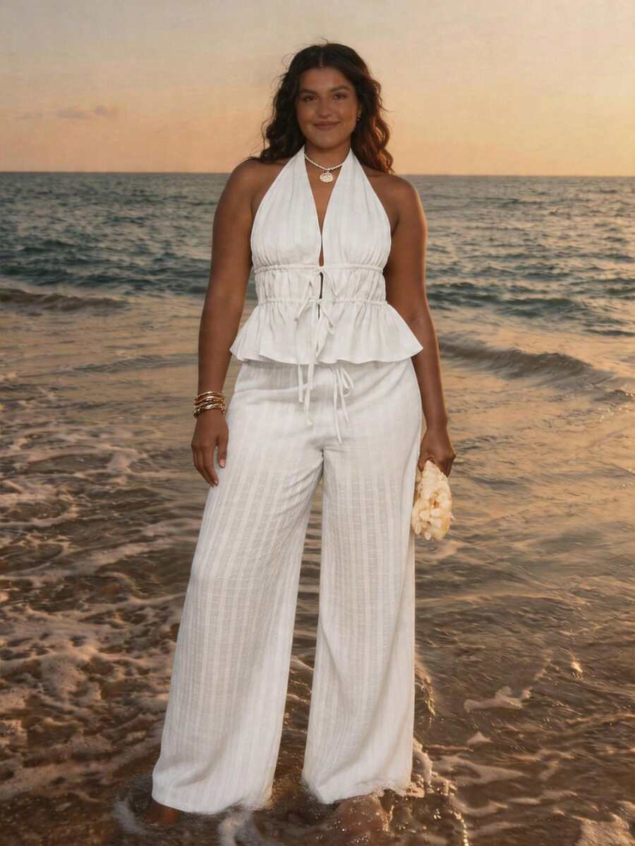 SHEIN BAE Damen Große Größen Set aus weißem Träger-Top mit Bindedetail und weiter Hose