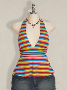 SHEIN ICON Áo tank top babydoll hở lưng họa tiết cầu vồng dành cho nữ, thích hợp mặc đi chơi mùa hè phong cách Y2K, dự tiệc sinh nhật. - Nhiều màu - Xem 8