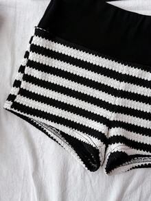 SHEIN Kids & Teen Girls Ribbed Knit Striped Crop Tank Top And Short Shorts Co-Ord Set,Black And White,Summer,Vacation,Holiday,Halter Neck Metal Buckle Decor - Black and White - View 5