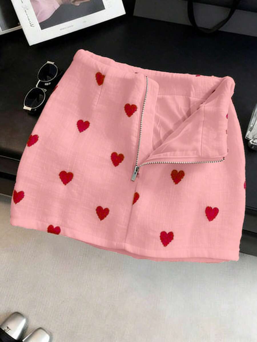Franclia Rok Model Korea Pinggang Rendah A-Line Modis Terbaru dengan Motif Hati dan Resleting untuk Wanita - Berwarna merah muda - View 1