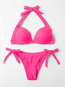 SHEIN Swim Bikini Halter con nudo de espalda y copas push up para la playa de verano - Rosa Fucsia - Ver 5