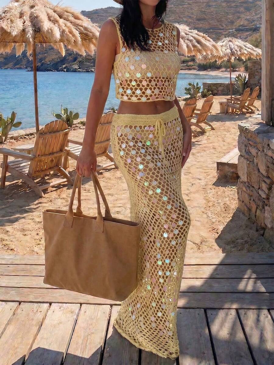 Selianne 女士镂空网眼钩编背心，适合音乐节、约会、度假、海滩等场合，无袖亮片奶油黄毛衣 - 淡黃色 - 查看 1