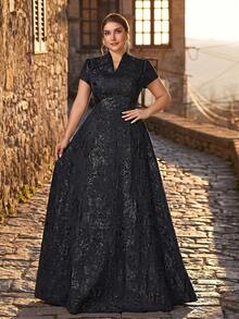 Serin Vestido de línea A de lujo con cuello alto, manga corta y jacquard, elegante y romántico, adecuado para bodas, fiestas, eventos formales, vestido de madre de la novia, talla grande - Negro - Ver 7