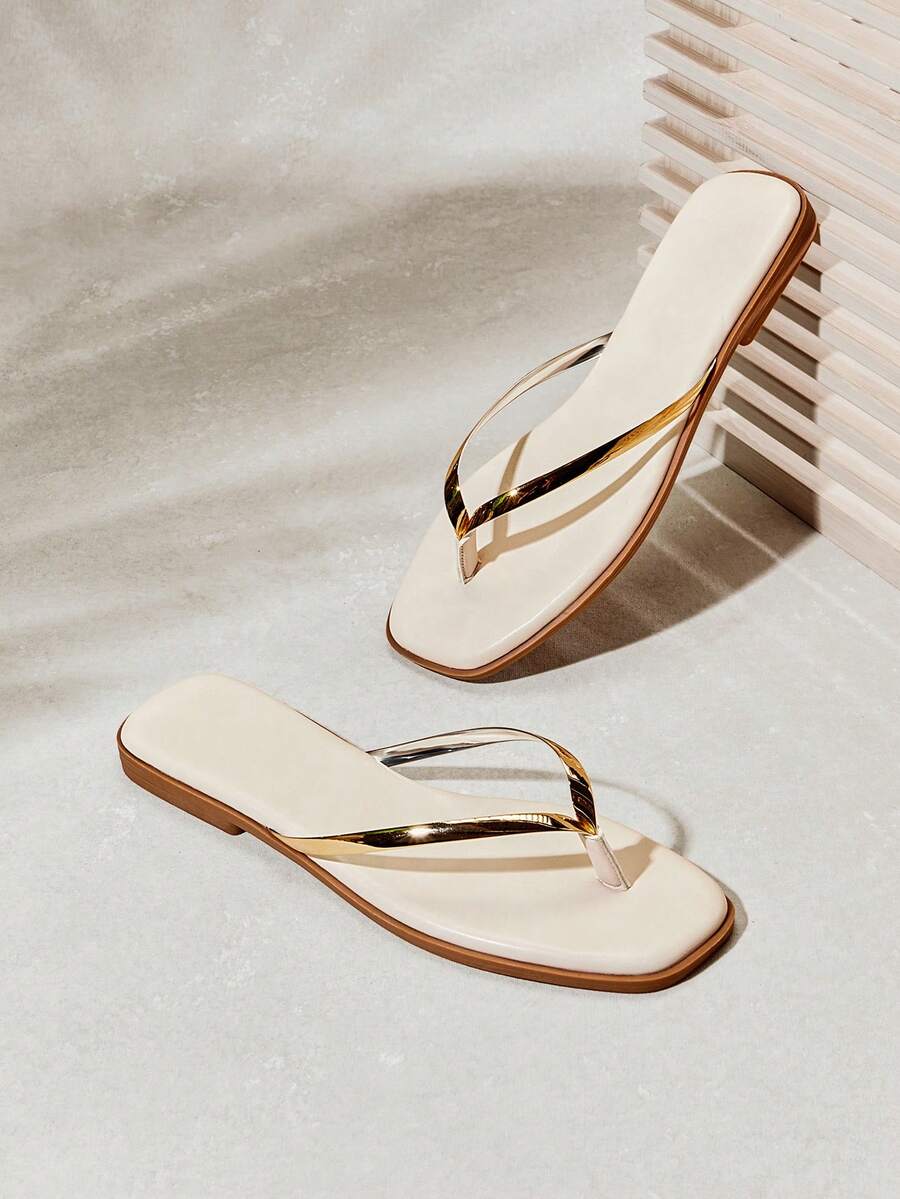 SHUZIA #UrbanLuxe Women's Electroplated Gold TPU Strap Off White Flip-Flops – Minimalist, Glossy & Comfortable Summer Essential. - White - View 1