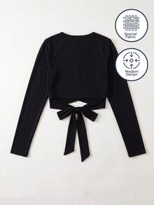 CAJUNI Women's Solid Color Cutout Ruched Crew Neck Long Sleeve Activewear T-Shirt - Black - View 7