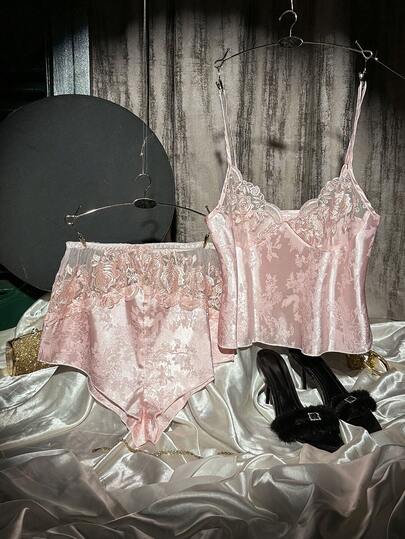 SilkySpell Sexy Lace Jacquard Faux Silk Camisole & Shorts Sleepwear Set For Women