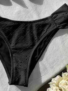 Swim Vcay Set Pakaian Renang Liburan Pantai Lucu dengan Tali Bahu Warna Polos dari Kain Jacquard untuk Musim Semi/Panas - Hitam - View 4