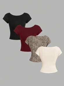 SHEIN Essnce 4 piezas de camisetas ajustadas de mujer con cuello redondo, de unicolor y estampado de leopardo, con espalda descubierta y hueca, adecuadas para el verano - Multicolor - Ver 2