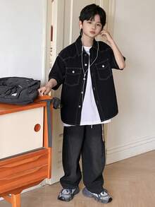 Dazy Kids 宽松休闲酷炫翻领夹克上衣，适合幼儿男童（大号），牛仔衬衫 - 黑色 - 查看 3
