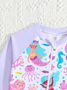 SHEIN Baju Renang Anak Perempuan Model Terusan dengan Resleting dan Motif Putri Duyung & Dunia Bawah Laut, Lengan Panjang - Mauve Purple - View 5