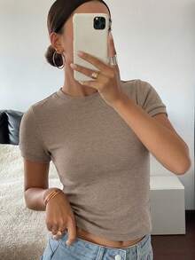 Livesso 女士条纹短袖修身T恤 夏季 - 卡其色 - 查看 6