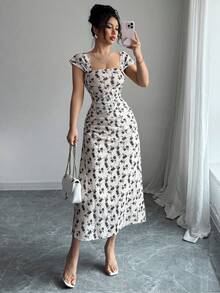 Elenzga Nuevo vestido de mujer con cuello cuadrado, mangas cortas, estampado floral de malla, cintura fruncida y silueta evasé. Elegante para citas y vacaciones, con efecto de cintura ceñida y favorecedora - Multicolor - Ver 8