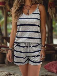 EMERY ROSE 2 piezas Conjunto casual de mujer con tirantes de espagueti a rayas, simple y de moda para el uso diario - Multicolor - Ver 7