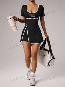 SHEIN Sports 大码女式撞色拼接修身运动连衣裙 - 黑色 - 查看 1
