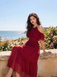 Feyla Elegant Romantic Ruffle Floral Cold-Shoulder Dress For Women - Dark Red - View 5