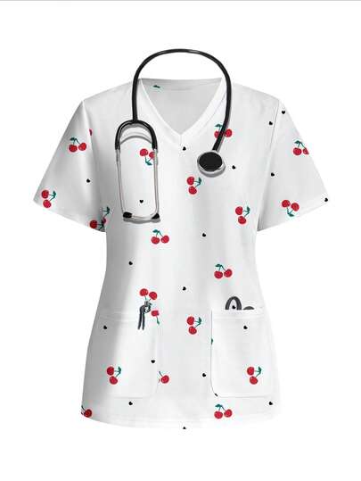 PopScrub Women's Cherry Heart Print V-Neck Short Sleeve Patchwork Pocket Scrub Uniform Top