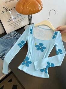 Glimmora 简约蓝色碎花印花女式方领长袖T恤，适合夏季、日常通勤、节日礼物，时尚百搭，是送给兄弟姐妹、姐妹、妈妈、母亲节的理想礼物，休闲又不失时尚感。 - 彩色 - 查看 3