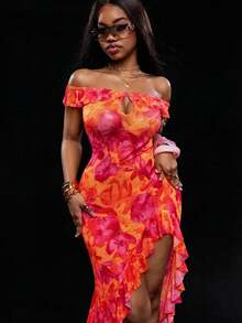 Vadaroq Vestido largo y fluido naranja de hombros descubiertos, elegante y bohemio, con flores de malla transparente, para mujer en primavera/verano - Naranja - Ver 4