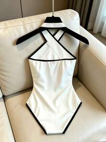 Franclia Mono blanco sólido para mujer, shorts blancos con ribete de contraste, mono de cuello halter con ribete de contraste - Blanco - Ver 6