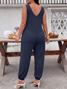 SHEIN LUNE CURVE 纯色无袖休闲连体裤，适合夏季穿着 - 藏蓝色 - 查看 2