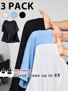 SHEIN CURVE+ Bộ 3 áo thun tay ngắn cổ tròn dáng rộng cỡ lớn dành cho mùa hè, màu trắng, đen và xám, thương hiệu Curve Plus, Hoho Vacation. - Nhiều màu - Xem 4
