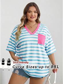 SHEIN CURVE+ 大码曲线/校园服/返校服/返校季大号条纹休闲简约大码T恤，适合夏季穿着，带口袋 - 藍色 - 查看 1