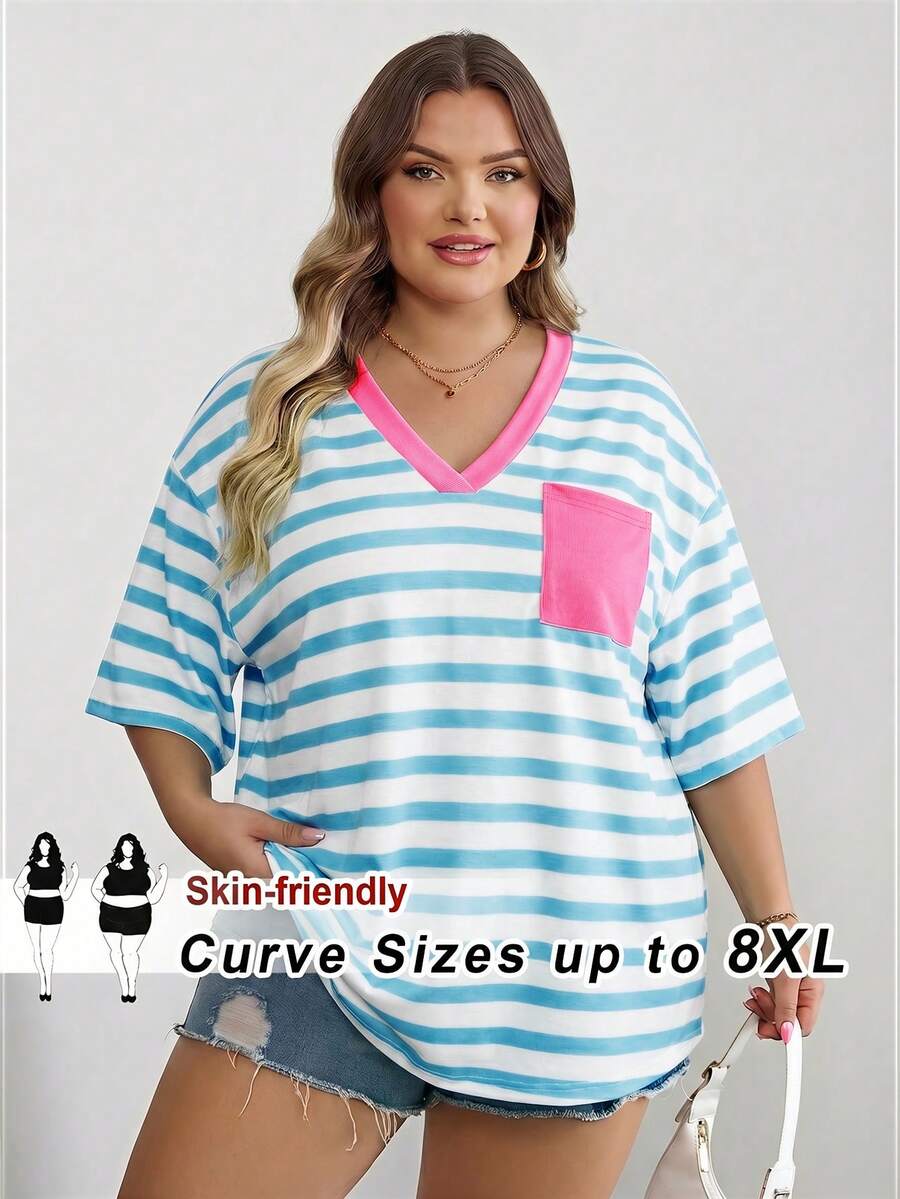 SHEIN CURVE+ 大码曲线/校园服/返校服/返校季大号条纹休闲简约大码T恤,适合夏季穿着,带口袋 - 藍色 - 查看 1